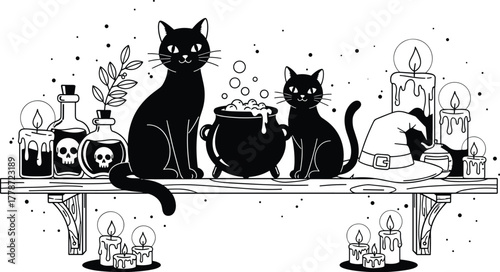 Whimsical Halloween Scene with Black Cats on a Shelf Surrounded by Spooky Potions, Candles, and a Witch Hat Creating a Mystical Ambiance for Holiday Decorations, Greeting Cards, Invitations