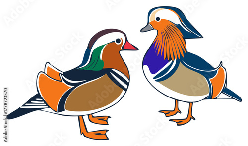 Colorful Mandarin Ducks Illustration Symbolizing Love and Fidelity in Stylized Vector Art