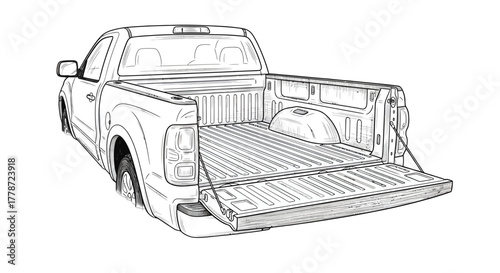 Handdrawn pickup truck illustration with an open tailgate showing the empty ribbed truck bed from a rear threequarter view.
