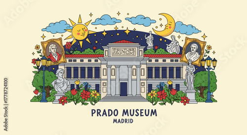 Prado Museum Illustration in Madrid, Spain, a Cultural Icon Represented with Cartoon Style, Set Against Day and Night Sky with Sun and Moon, Showcasing Architecture and Art Heritage for Travel and Tou