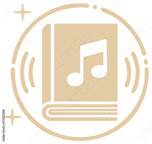 Book with a musical note and sound waves enclosed in a sparkling circle icon