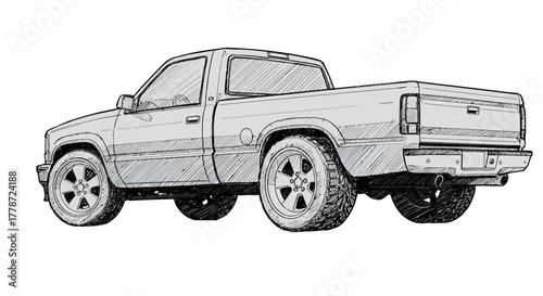 Handdrawn sketch of a classic pickup truck with custom rims shown from a rear threequarter view.