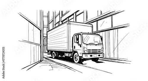Monochrome ink sketch of a commercial delivery box truck detailed line art illustration.
