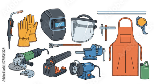 Welding Equipment and Tools Assortment for Metalwork Projects and Fabrication in Industrial Workshop, Protective Gear and Machinery for Professional Craftsmen, Safety First in Manufacturing and Repair