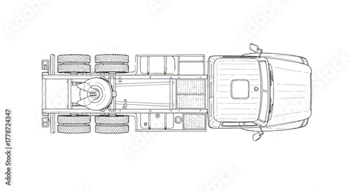 Topdown technical line drawing of a semitruck tractor unit with a detailed chassis and fifthwheel coupling.
