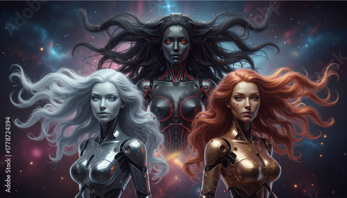 Futuristic humanoid robots with different hair colors in space  