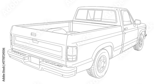 Vintage pickup truck line art illustration from a rear threequarter view.