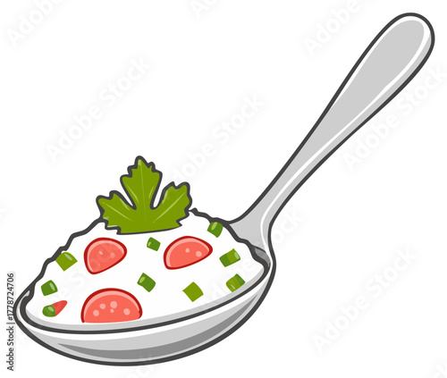 Single Spoon Filled with Salad and Tomatoes with Parsley Garnish