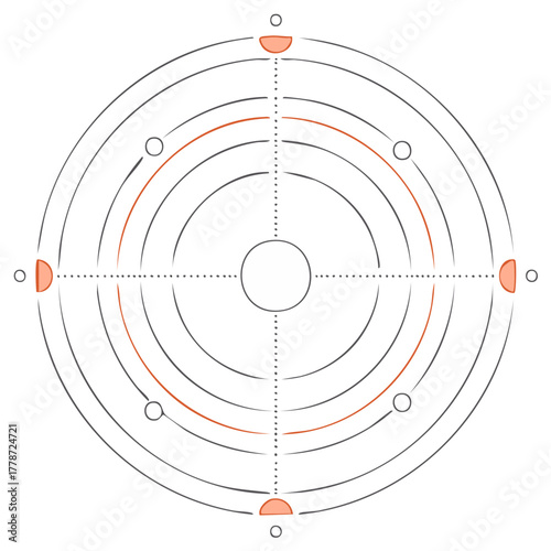 Abstract solar system diagram with planets in orbit. Minimalist astronomical or astrological chart illustration.