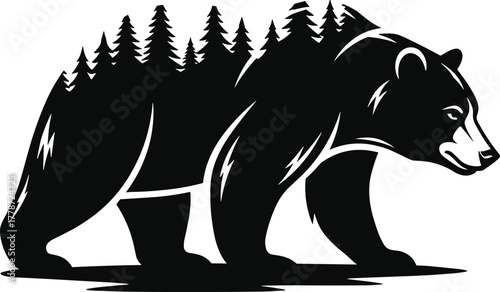 Bear silhouette, pine forest, wildlife nature, double exposure style, animal illustration, wilderness art, forest spirit, vector drawing, symbolic design, habitat connection