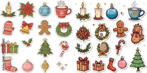  A collection of Christmas-themed stickers/clipart featuring holiday elements like candles, poinsettias, ornaments, gingerbread men, wreaths, candy canes, stockings, and gifts