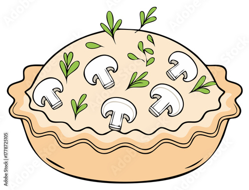 Wholesome mushroom quiche pie illustration with fresh green herbs and creamy filling