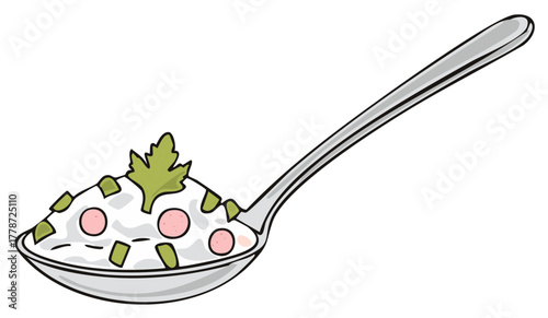 Illustration of a serving spoon filled with creamy food and green garnish