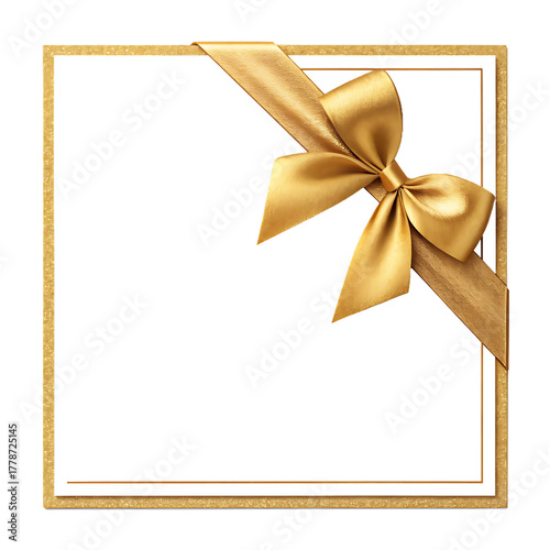 Golden ribbon and bow on black square frame isolated on transparent background isolated on white background