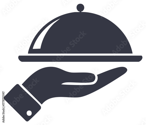 Hand presenting a cloche covered serving tray, symbolizing premium food service and restaurant catering concept