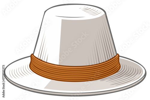 Cartoon Style White Panama Hat with Brown Ribbon, Menswear and Fashionable Headwear Accessory
