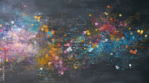 Colorful abstract chemical structure network on dark background expressing creative scientific energy