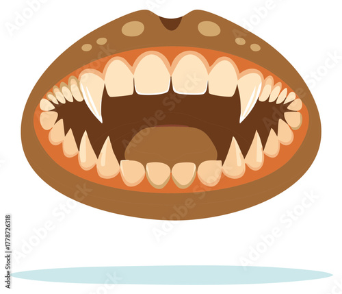 Illustration of a large open mouth with sharp pointy teeth and fangs