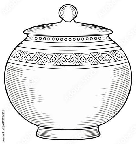 Engraved Illustration of a Decorative Ceramic Jar with Lid, Detailed Artwork, Black and White