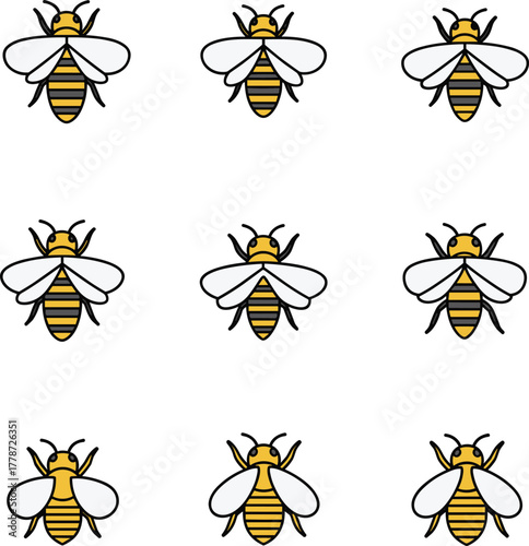 Cartoon bees, insect illustration, honeybee pattern, cute vector design, pollinator art, children puzzle, animal drawing, nature symbol, playful character, wildlife