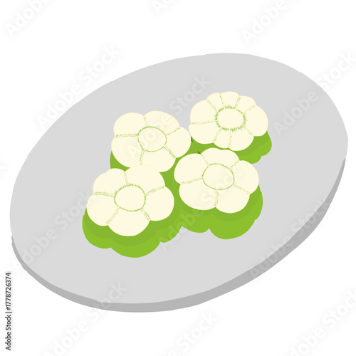 A flat illustration of traditional Indonesian steamed cakes called putu ayu, featuring a soft green pandan base topped with white grated coconut, served on a simple gray plate
