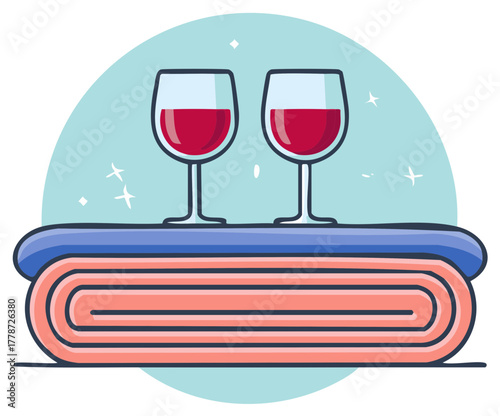 Red wine glasses on a folded blanket in blue and peach, illustration style