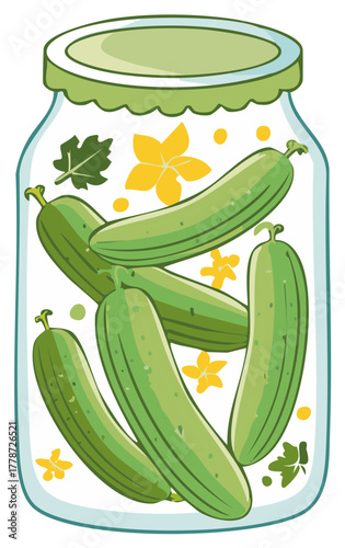 Freshly Pickled Cucumbers in a Glass Jar with Dill and Flowers