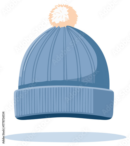 Light Blue Knitted Winter Hat with Pom Pom, illustration of warm headwear for cold days, seasonal clothing and accessories