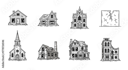 Collection of Abandoned Buildings in Disrepair: Line Art Illustrations of Derelict Houses, Churches, and Ruins in a Ghost Town Setting, Ideal for Urban Exploration Themes, Architectural Studies, or Hi