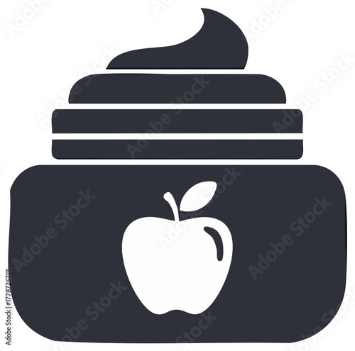 Stylized jar with swirled top and white apple icon against dark background