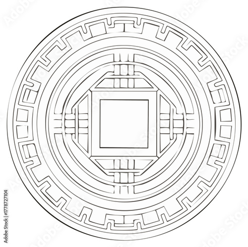 Traditional Asian coin outline vector intricate spiritual good fortune symbol