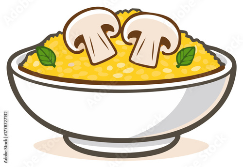 Delicious bowl of yellow grain dish with fresh sliced mushrooms and green herbs vector illustration