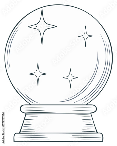 Mystical Crystal Ball Line Art Illustration with Sparkling Stars for Fortune Telling and Future Predictions