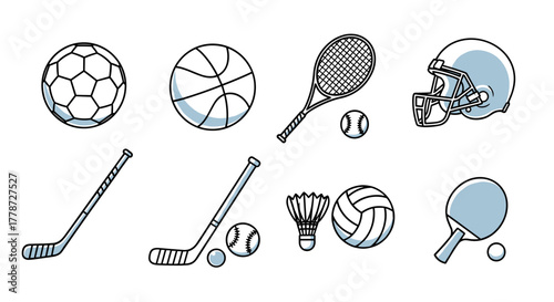 Vibrant Sports Equipment Icons: A Collection of Sporting Goods for Active Lifestyles and Recreational Activities, Perfect for School Projects, Sports Clinics, and Physical Fitness Campaigns, Featuring