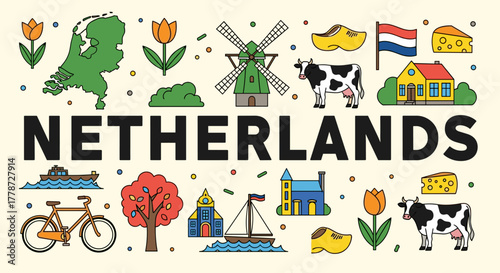 Netherlands Travel: Colorful Illustration Showcasing Dutch Culture, Heritage, and Landmarks for Tourism, Education, and Cultural Projects. Includes Tulips, Windmills, Cows, and Cheese in Playful Style