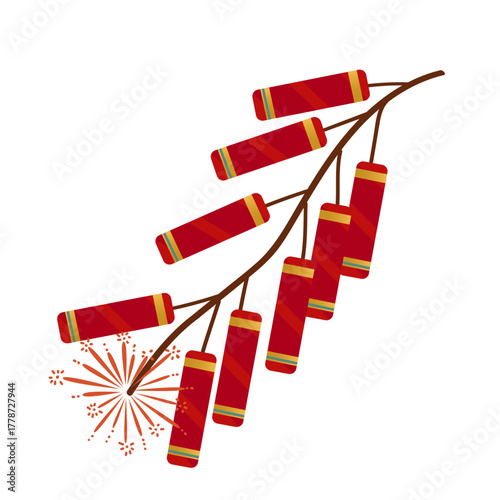Vibrant vector illustration of traditional red firecrackers exploding, depicting festive celebration. The image captures colorful details, perfect for festive themes and cultural festivities.