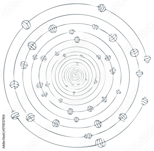 Abstract Concentric Circles with Spheres, Hand Drawn, Design Element, Spiral