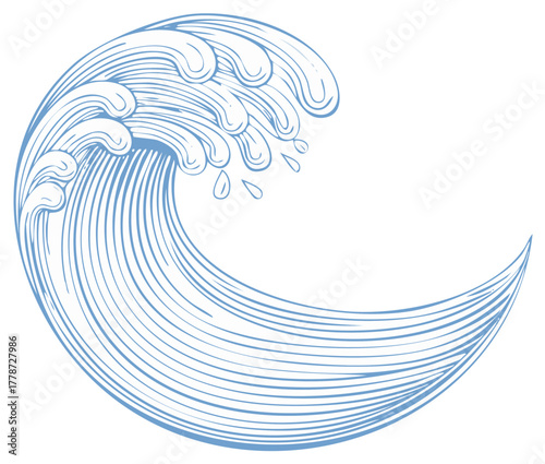 Abstract curved ocean wave in line art style with drops design element for vector backgrounds