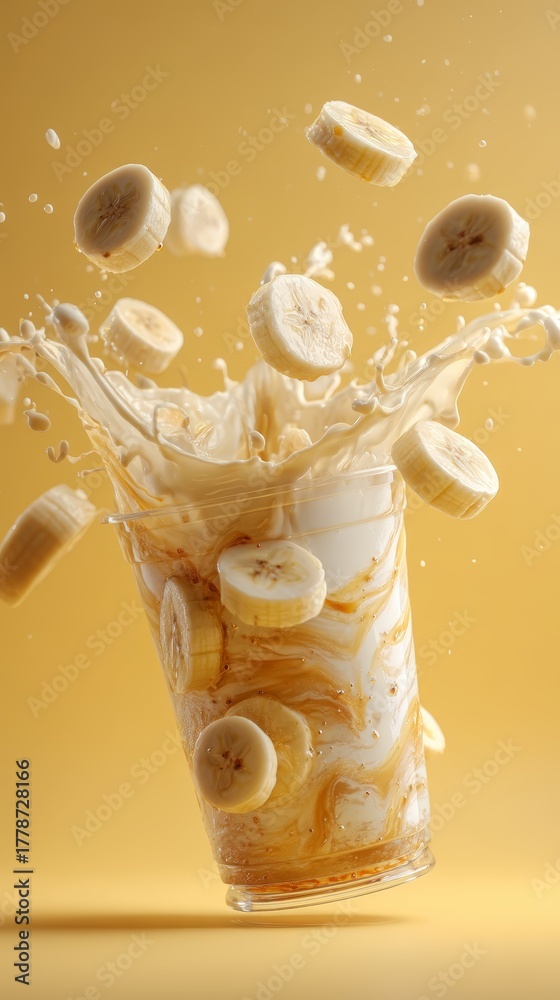 Naklejka premium Ultra Realistic Splash Photography of Banana Milk Vortex