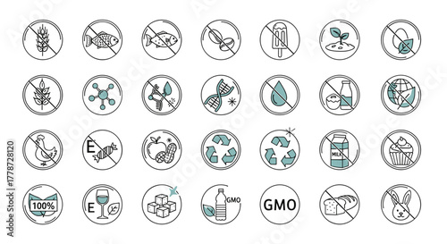 Allergen-Free Food Icons Representing Dietary Restrictions and Healthy Lifestyle Choices for Presentations, Websites and Packaging Designs, Including No Gluten, Dairy, GMOs, and Vegan Options, Modern