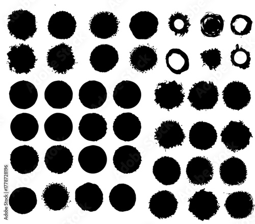 Ensō Zen Circle & Brushstroke Vector Pack: Grungy Hand-Drawn Black Ink Circles, Freeform Shapes, and Japanese Sun Symbols for Punk and Asian-Inspired Designs.