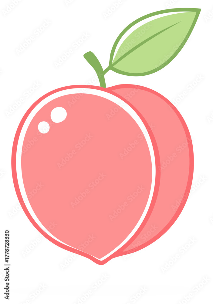 Fototapeta premium Cute Cartoon Pink Peach Fruit with Green Leaf Illustration Simple Flat Design