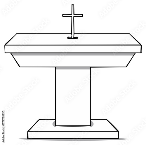 Simple sketch of a Christian altar with a standing cross for a sermon or worship service