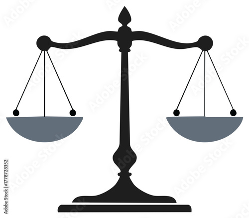 Symbolic scales of justice illustration representing law and balance, isolated graphic of equal measure symbol.