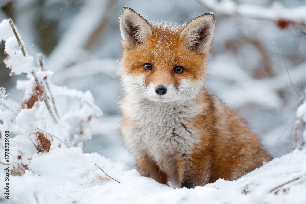 Fototapeta premium Cute fox baby playing in winter snow surrounded by frosted trees in a serene forest setting