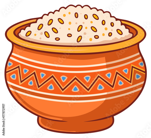 Clay Pot Filled with Grains and Decorative Pattern
