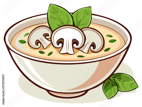 Illustration of creamy mushroom soup in a bowl with basil leaves, healthy meal.