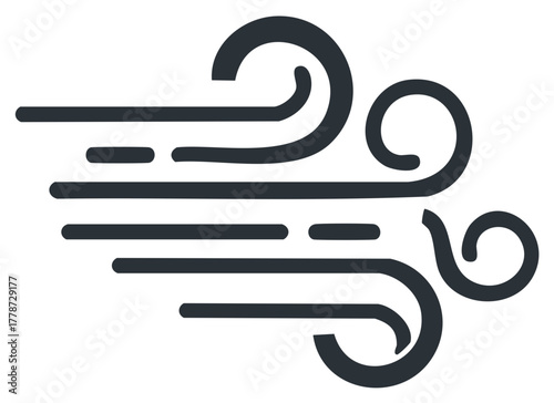 Stylized Icon Representing Wind Force Gusts Flowing Stream or Windy Weather Event with Turbulent Whirlpools and Lines
