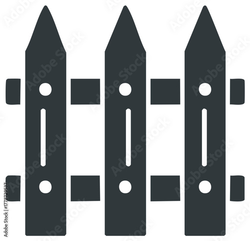 Wooden picket fence silhouette vector graphic, dark grey design element.