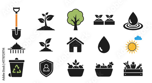 Sustainable Gardening Icons Set: Growing Plants and Trees in a Home Garden with a Focus on Environmental Protection and Conservation for an Eco-Friendly Lifestyle and a Modern Agriculture Presentation